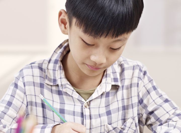 chinese boy does schoolwork or homework